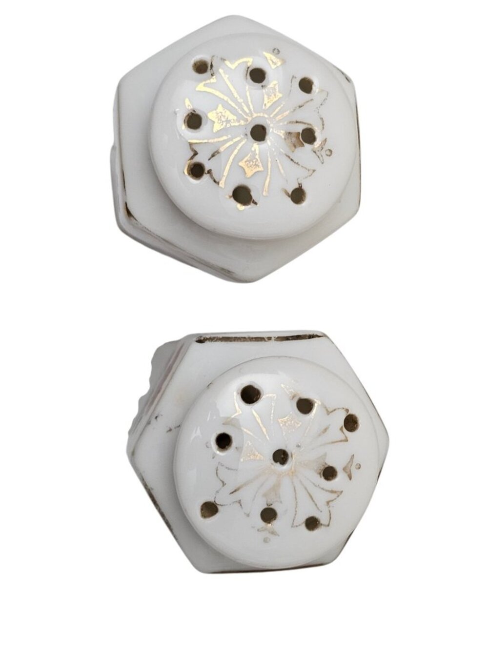 Vintage JAPAN Floral Hexagon CHIKARAMACHI 3.5" Salt Pepper Shakers Gold Scrolls - Picture 6 of 8